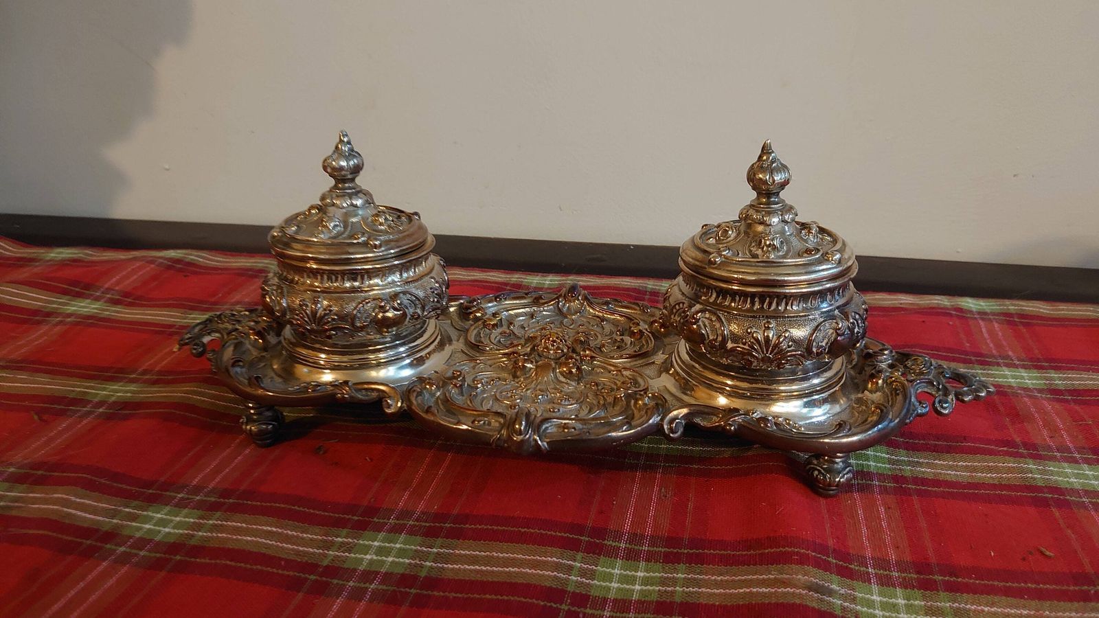 Twin Victorian Pot Plated Inkstand   Very Heavy And Sturdy   Complete With Original Glass Liners photo furniture