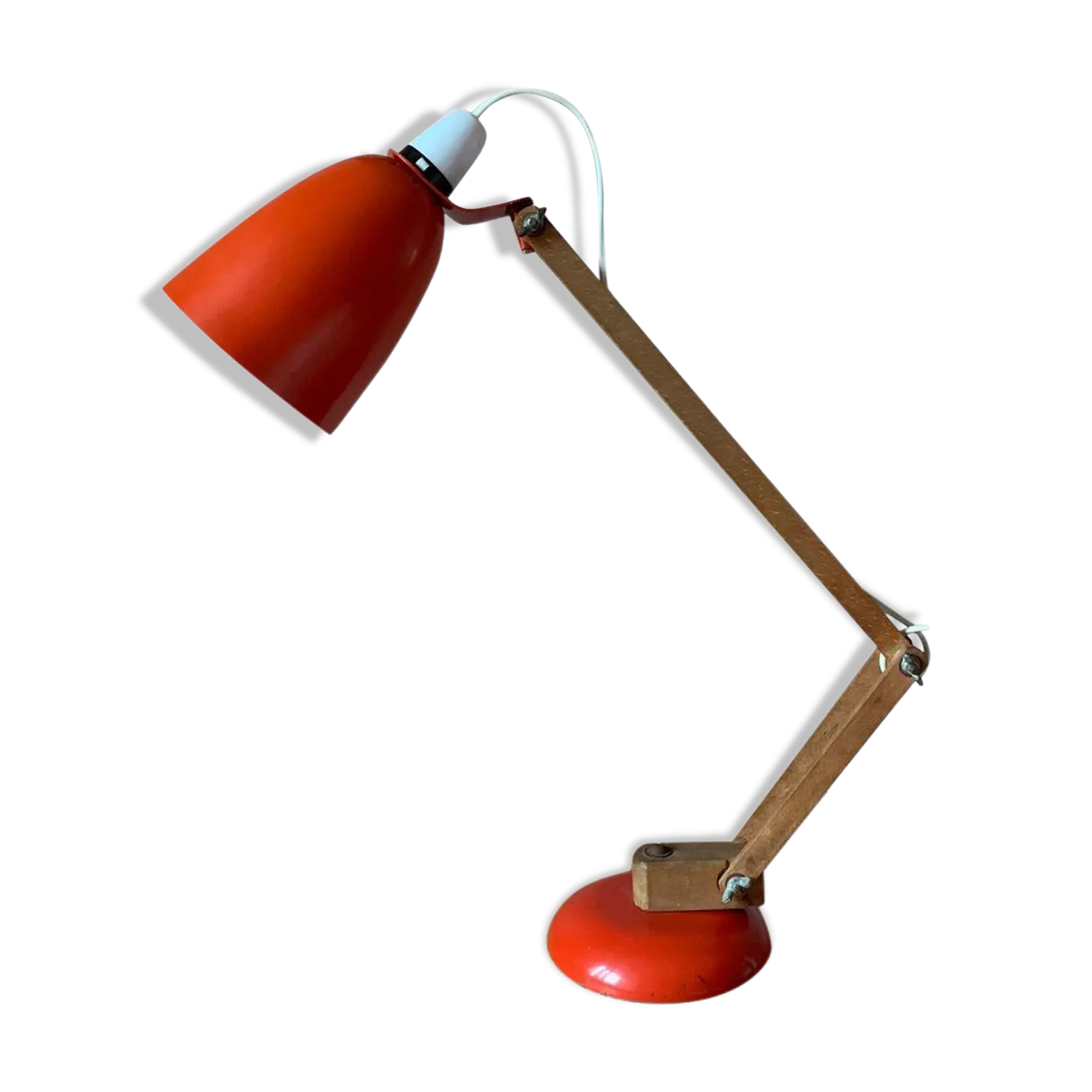 Vintage Desk Lamp In Orange With Wooden Arms