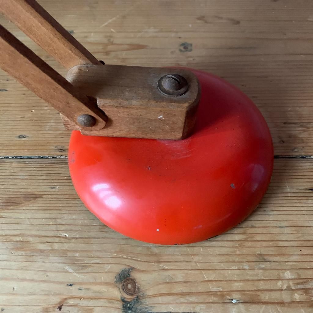 Vintage Desk Lamp In Orange With Wooden Arms photo furniture