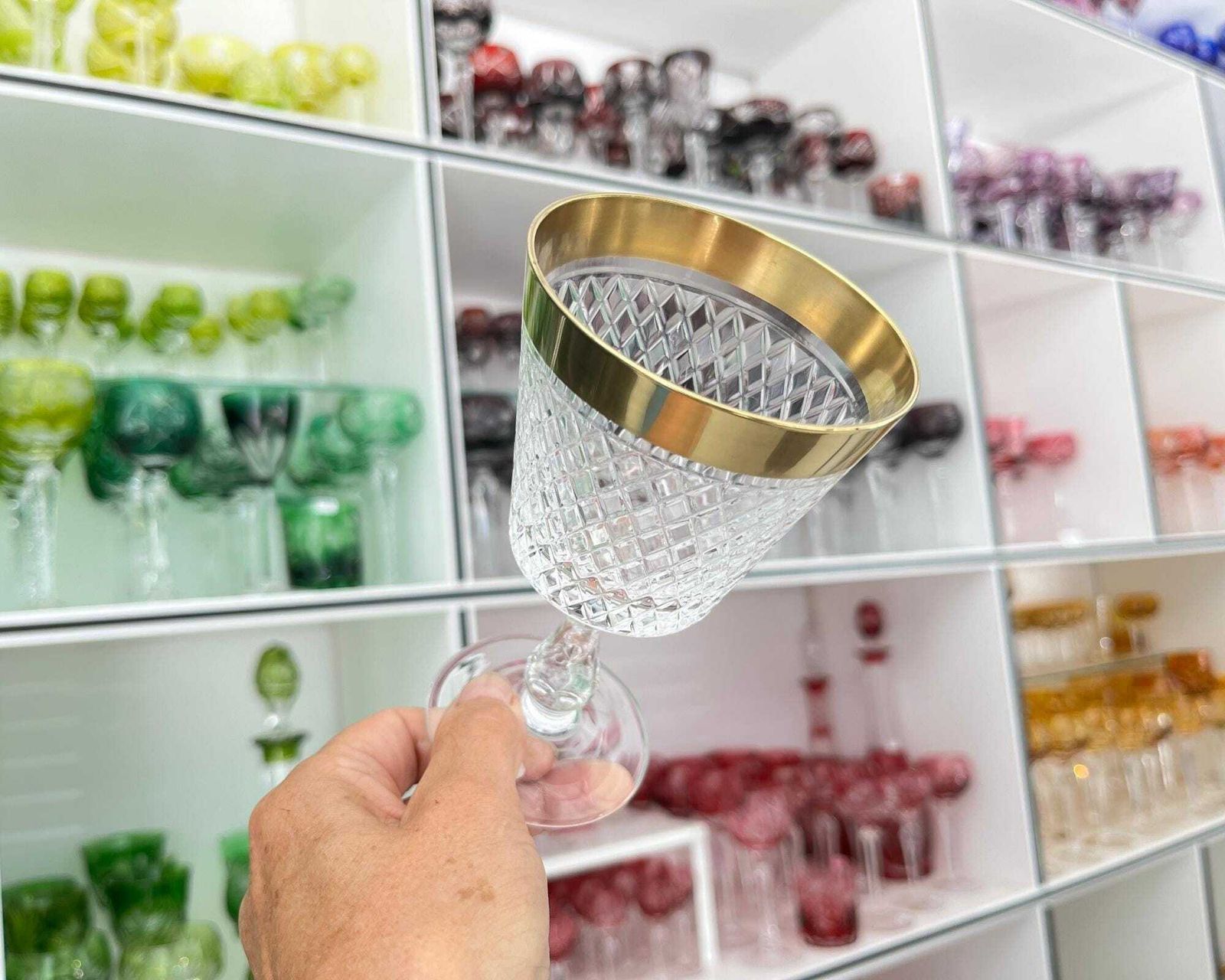 Crystal Wine Glasses | 6pcs | 24k Gold Rim | Diamond Cut | Rheinkristall | (1955–1964) photo 251.0