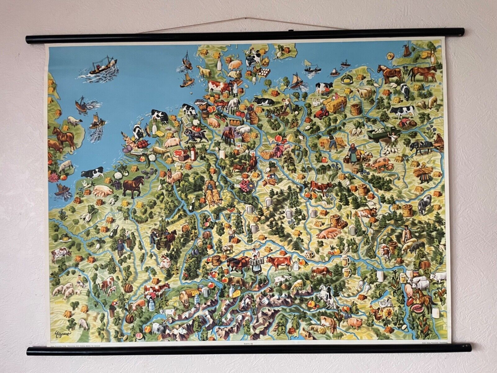 Vintage Pictorial Map Of Mid Europe School Chart Agriculture & Fishing