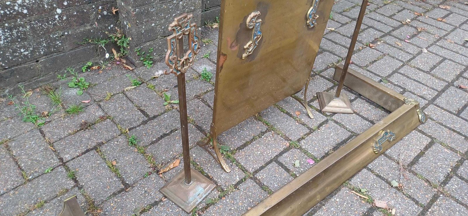 Antique Brass Art Nouveau Fireplace Companion Set Fire Guard Fender And Tool Holders Vintage Hearth Accessories photo vinterior