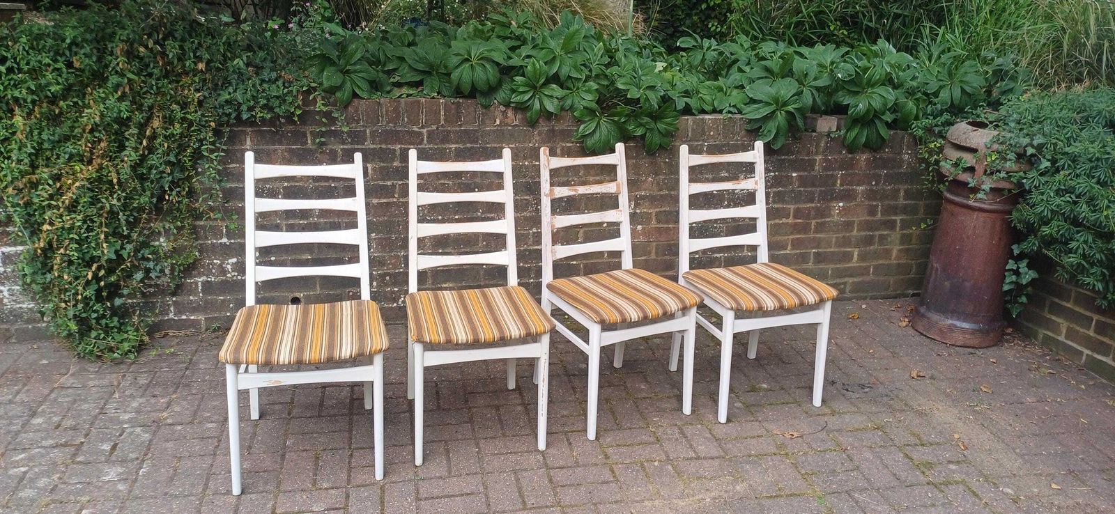 Vintage Retro 70s White Beech Dining Chairs Set Of 4 Striped Original Upholstery Kitchen Chairs Made In East Germany Gdr