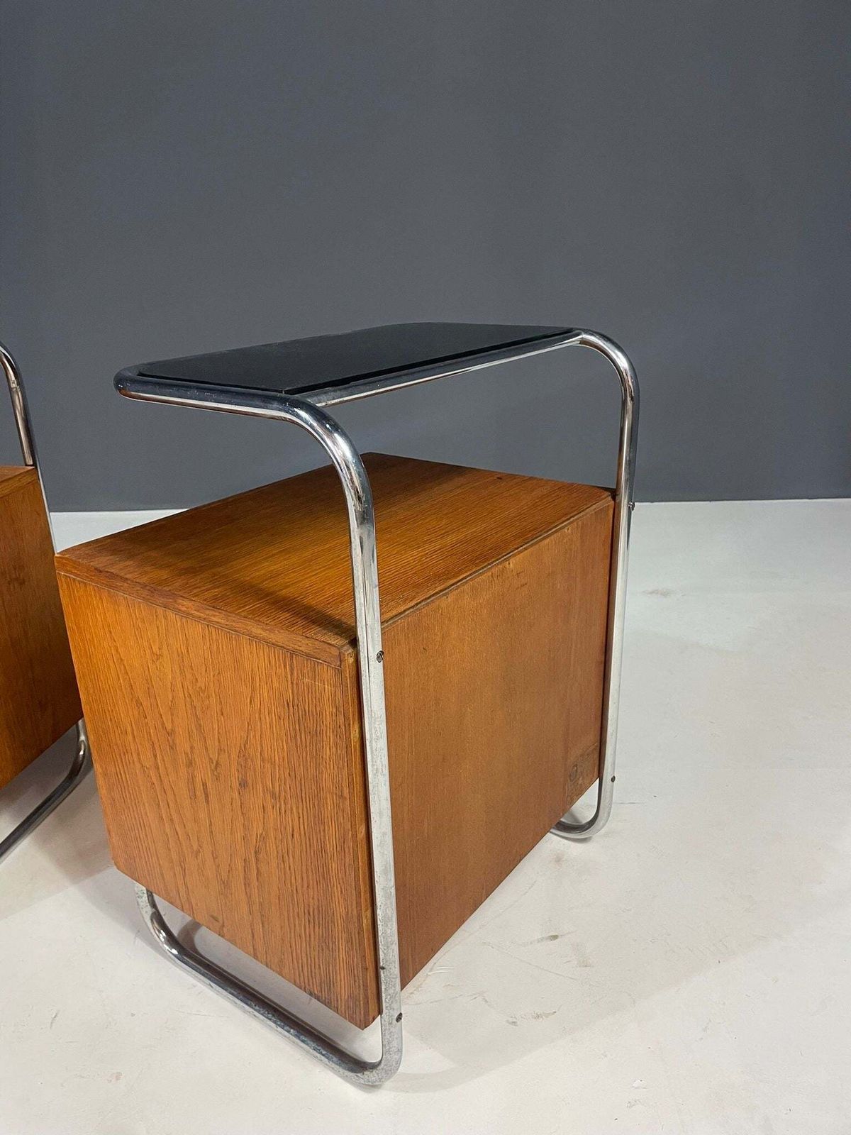 Renovated Bauhaus Style Chrome And Oak Nightstands By Kovona, Czechoslovakia, 1950s photo vintage
