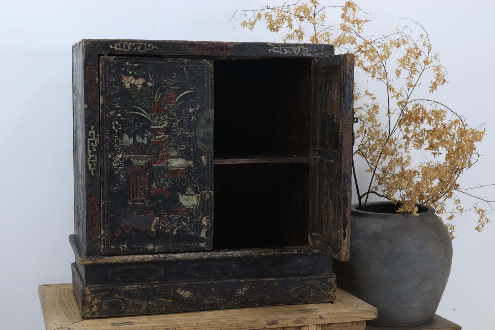 Late 18th Century Dark Lacquered Hand Painted Chinese Book Cabinet photo furniture