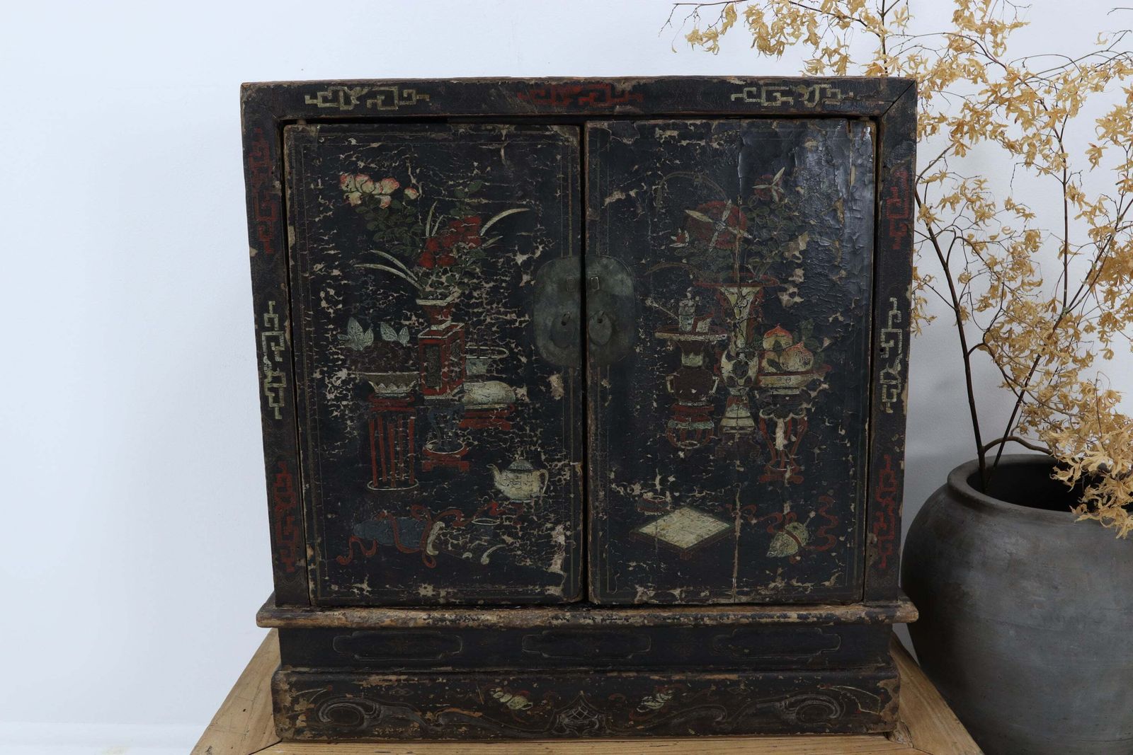 Late 18th Century Dark Lacquered Hand Painted Chinese Book Cabinet photo for sale