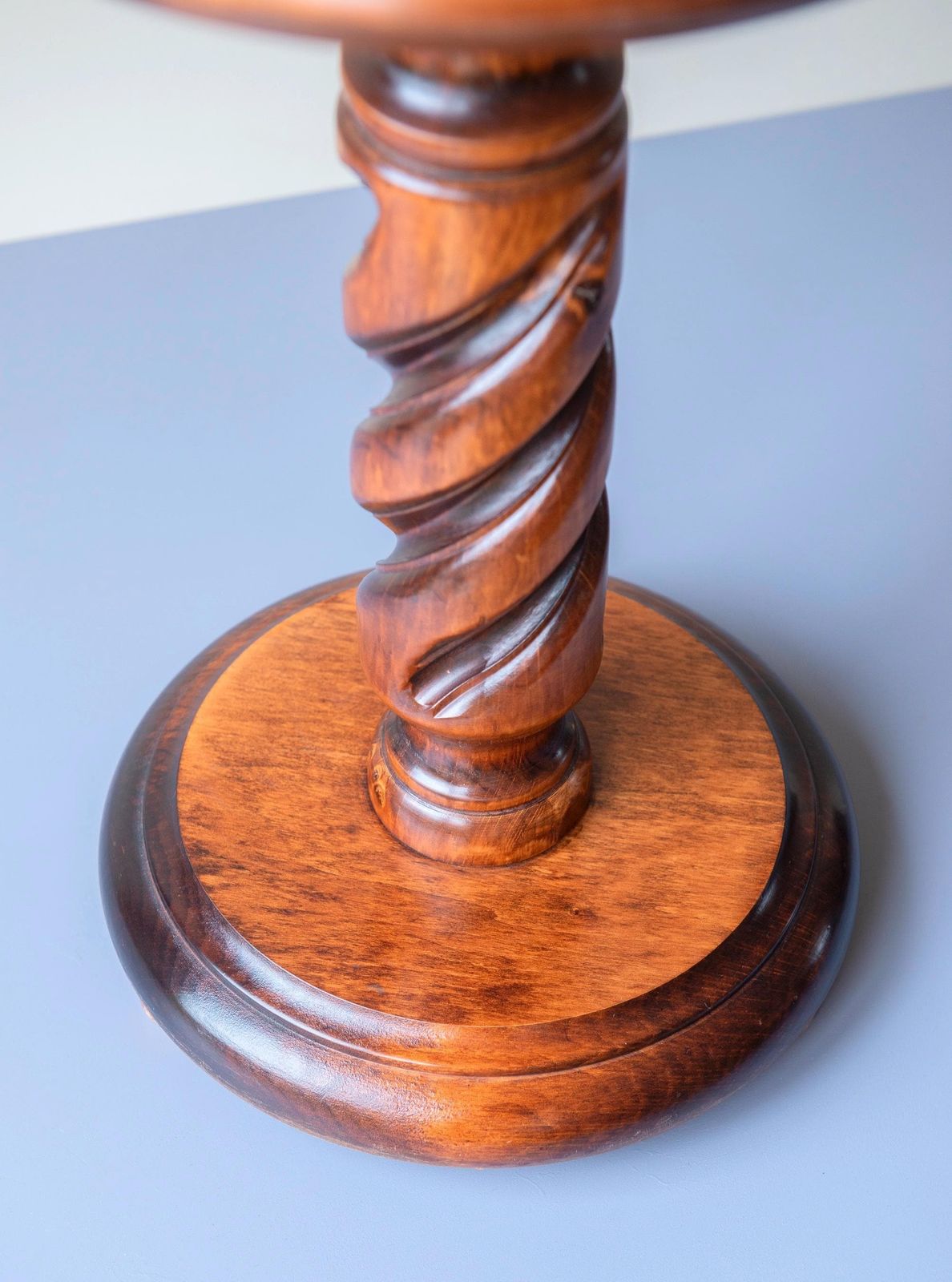 Oak Wooden Pedestal Table, Hand Carved Plant Stand, Round Barley Twist Table, Turned Foot, Dark Brown Coffee Table photo Furniture