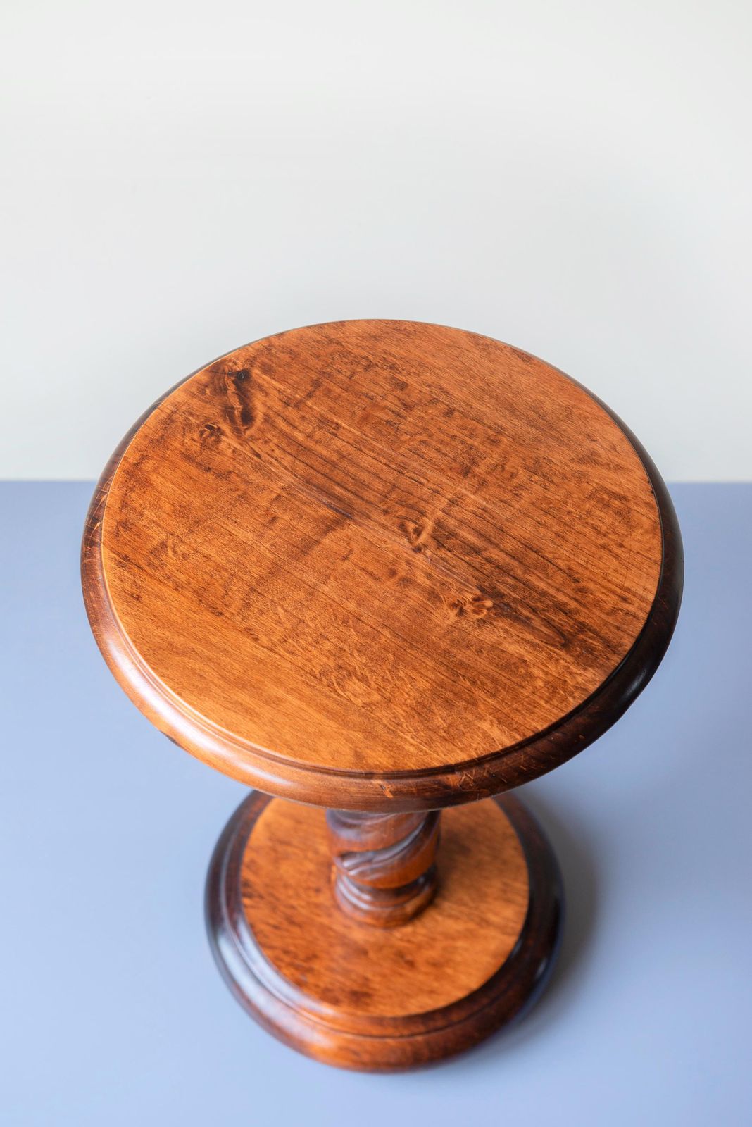 Oak Wooden Pedestal Table, Hand Carved Plant Stand, Round Barley Twist Table, Turned Foot, Dark Brown Coffee Table photo 250.0