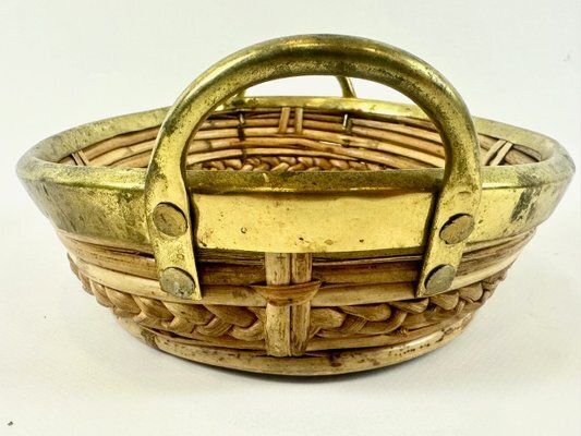 Italian Rattan And Brass Basket Centerpiece, 1960s photo Home Decor