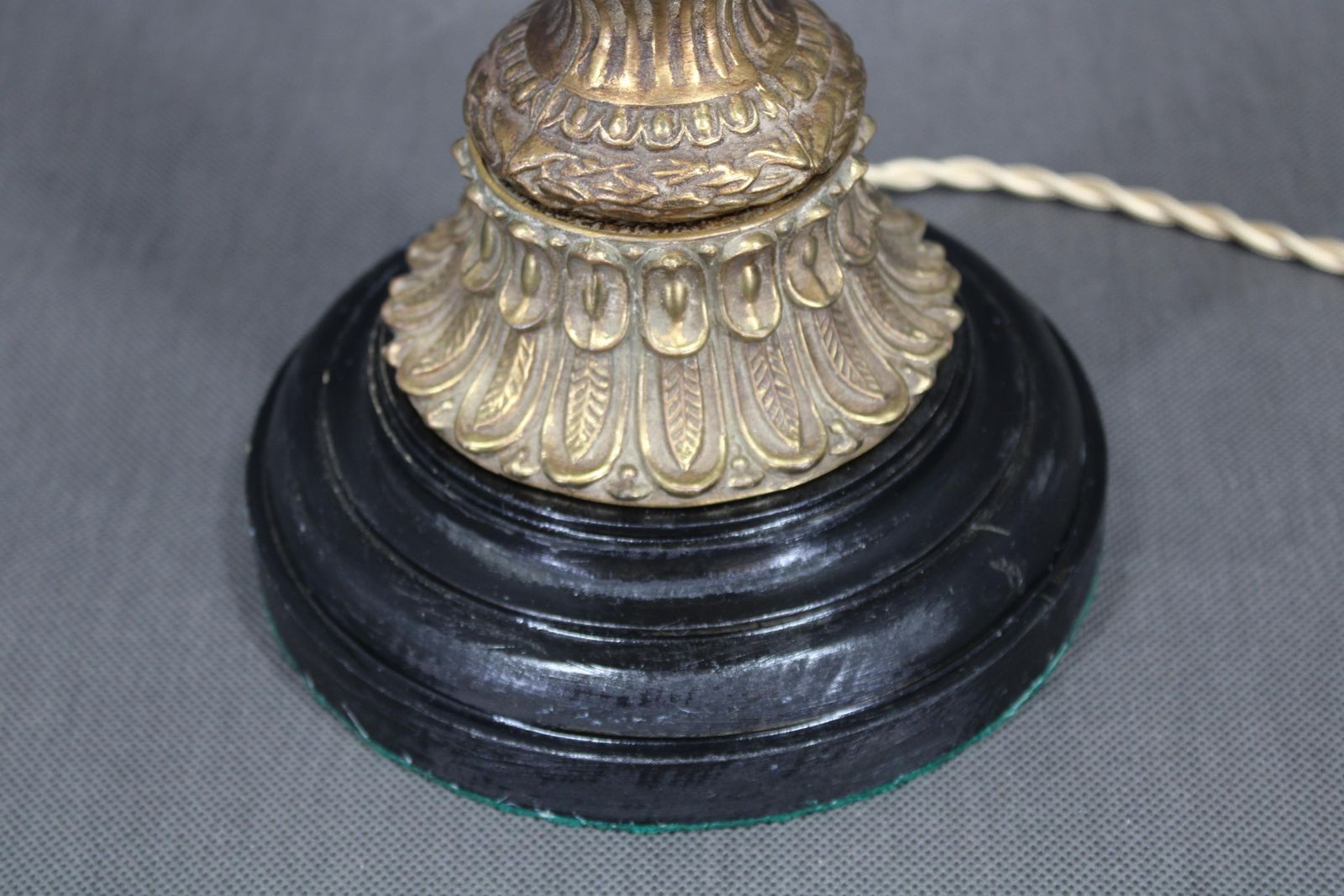 1940s Restored Brass Table Lamp With Wooden Base And Glass Shade photo vinterior