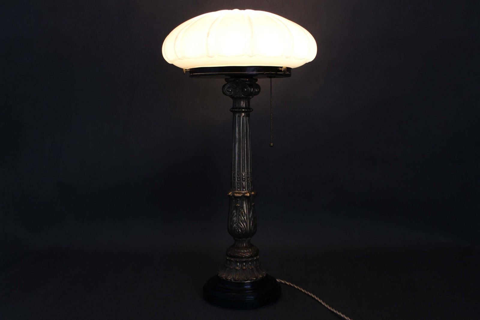 photo buy 1940s Restored Brass Table Lamp With Wooden Base And Glass Shade