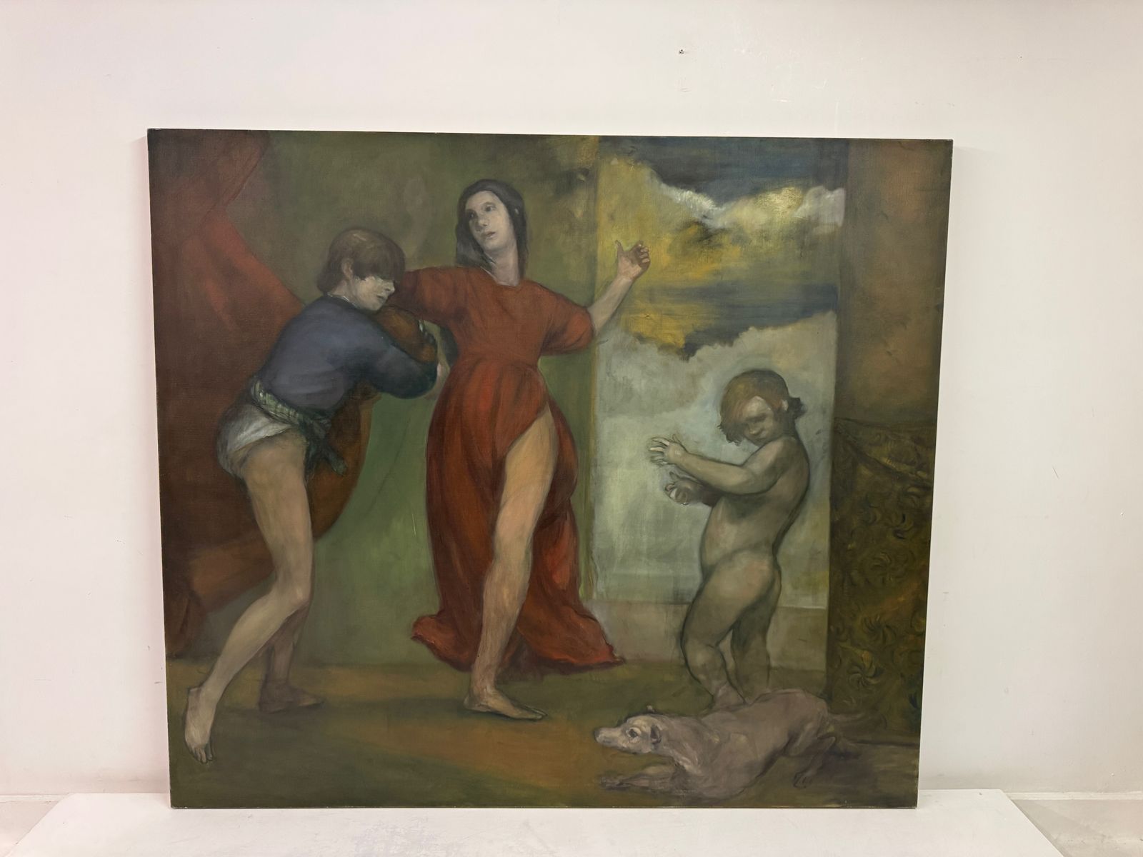 Large Oil On Canvas By Paul Storey, "Three Figures With A Dog" photo furniture