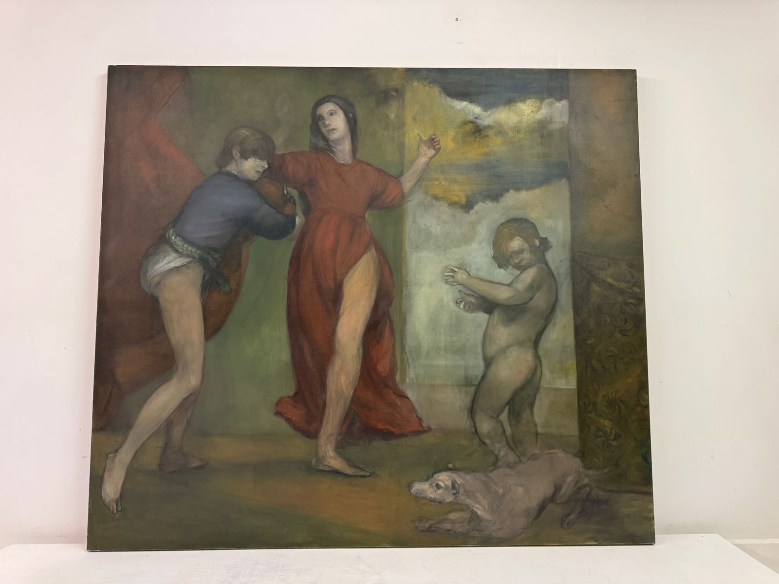 Large Oil On Canvas By Paul Storey, "Three Figures With A Dog" photo Art