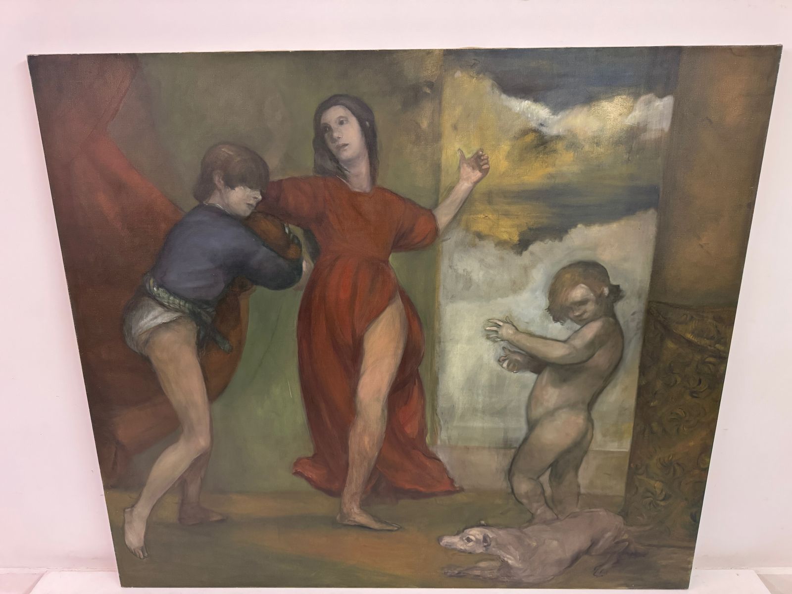 photo furniture Large Oil On Canvas By Paul Storey, "Three Figures With A Dog"