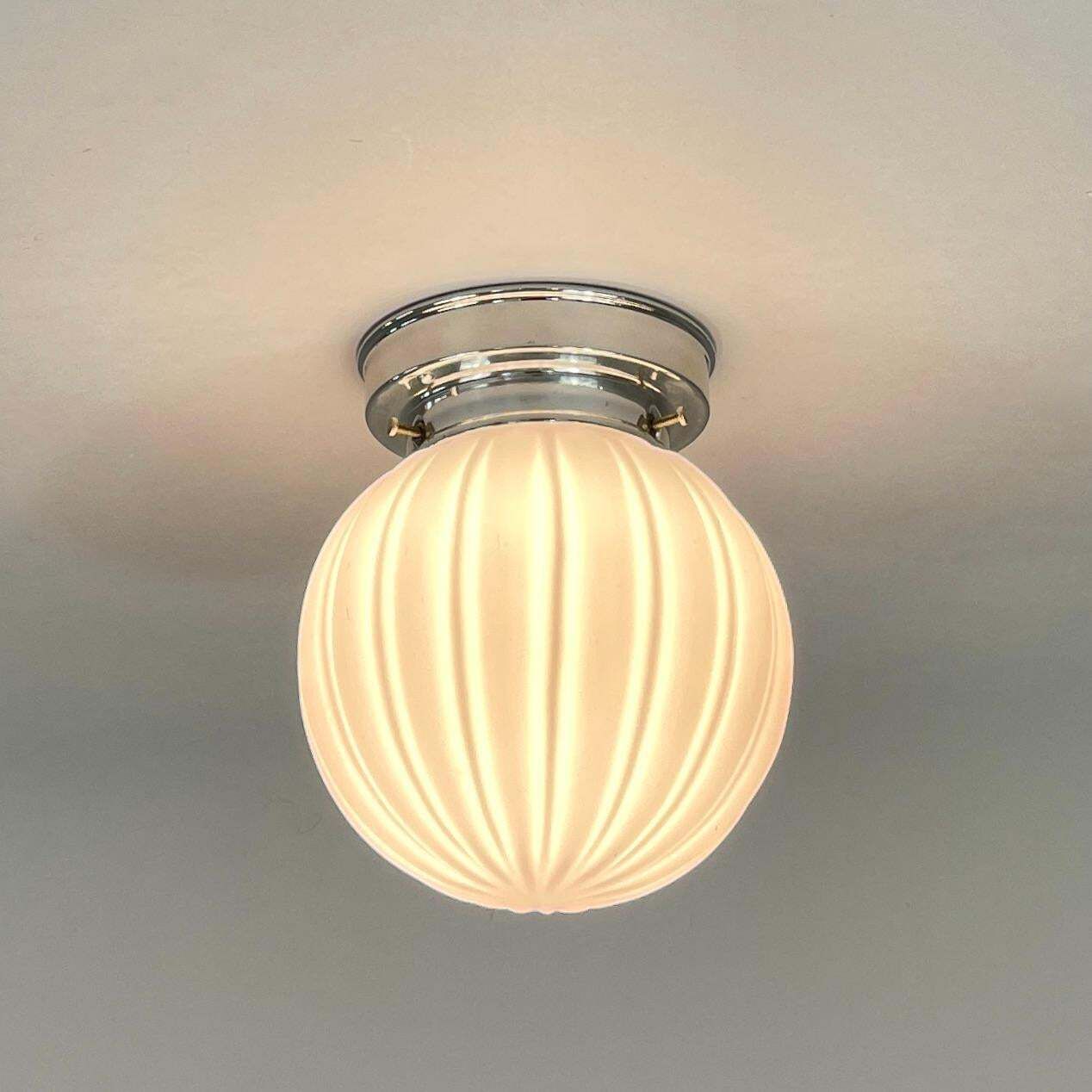 Art Deco Pale Pink Frosted Glass & Chrome Globe Flush Mount, Sweden 1940s photo for sale