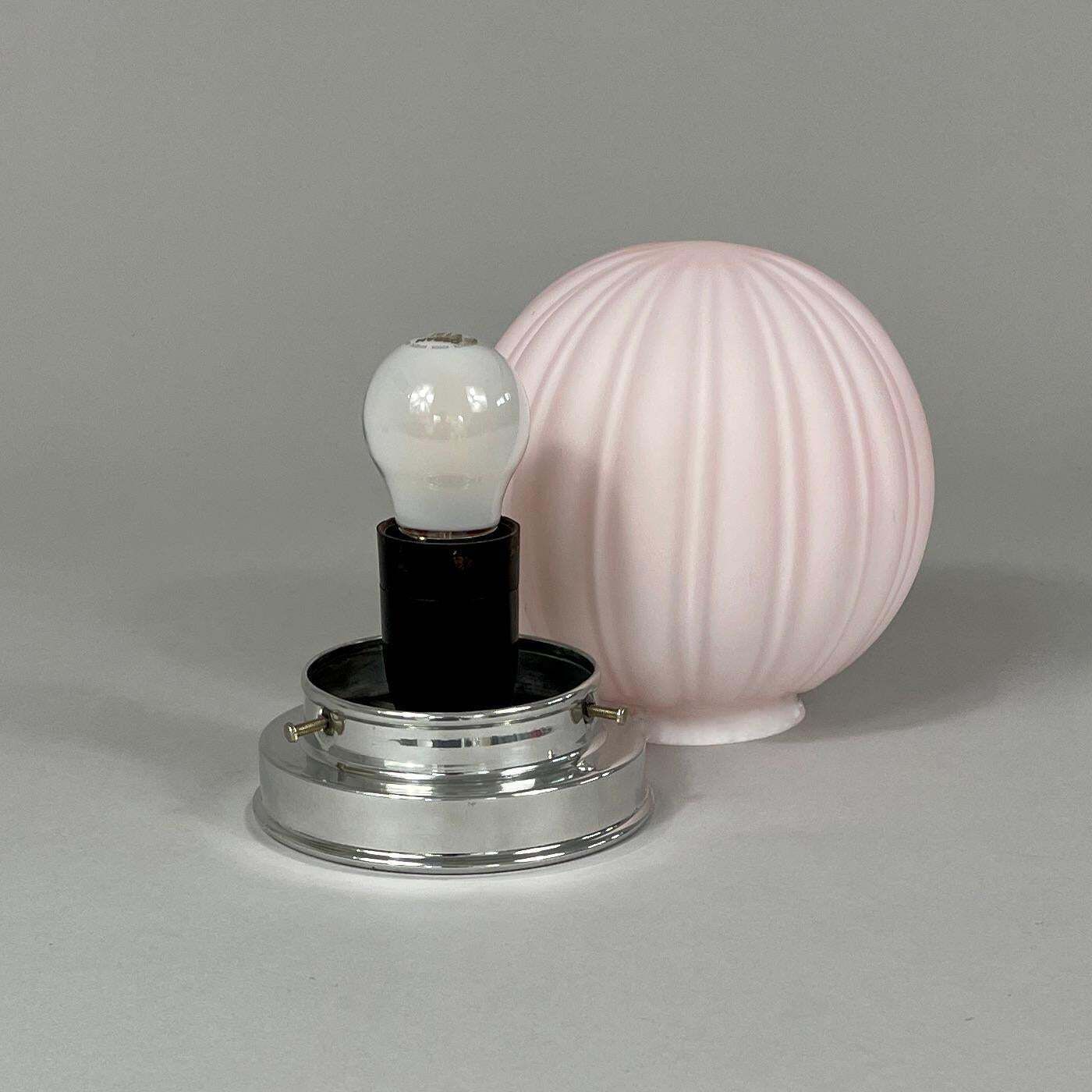 photo for sale Art Deco Pale Pink Frosted Glass & Chrome Globe Flush Mount, Sweden 1940s