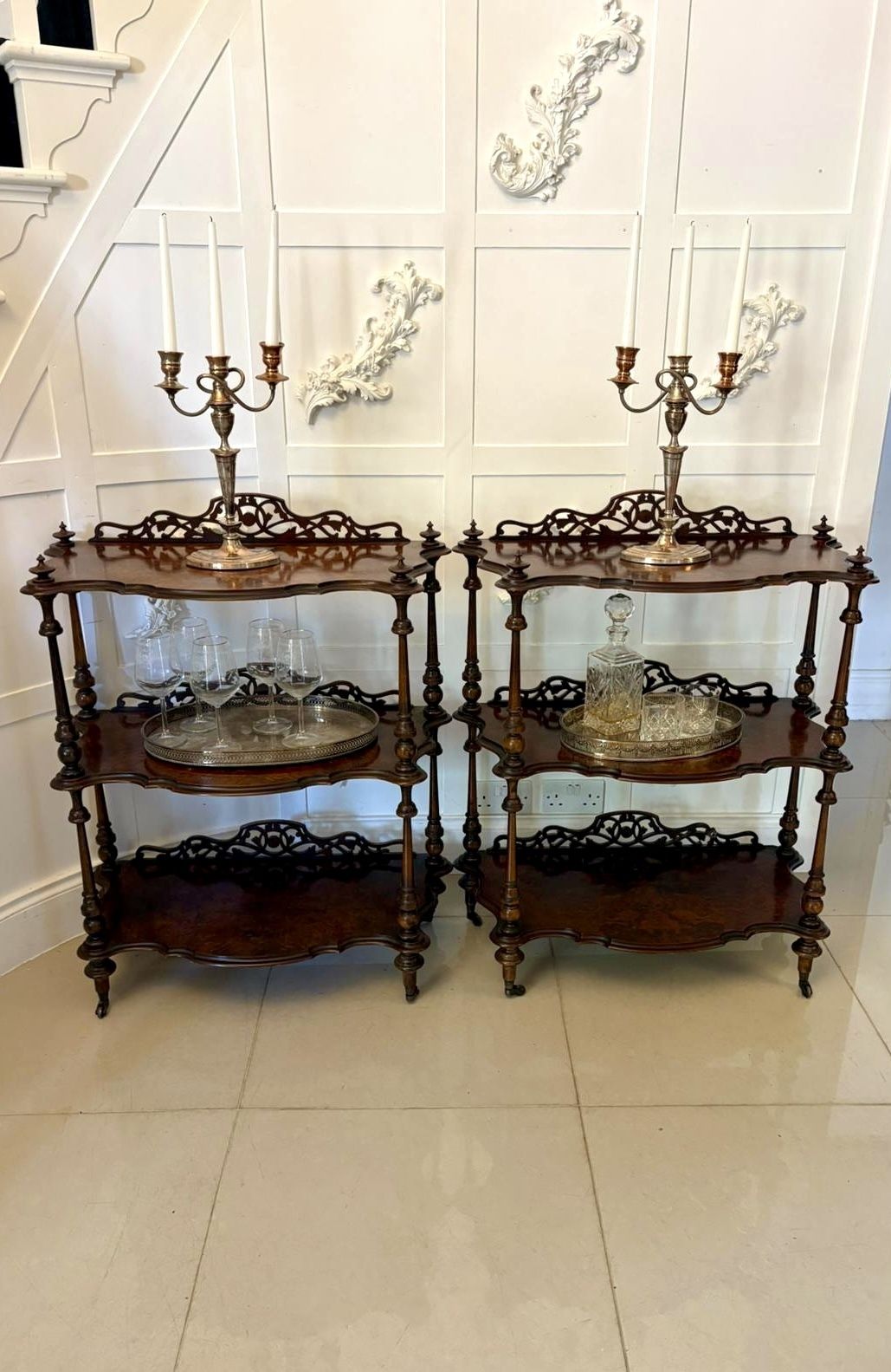 Unusual Pair Of Antique 19th Century Quality Burr Walnut Whatnots photo vintage