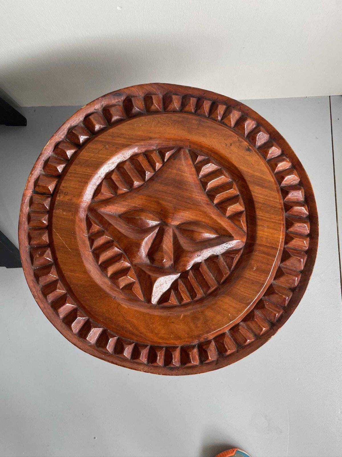 Small Round Wooden Rustic Outsider Side Or Coffee Table With Carved Top Resembling A Face photo furniture
