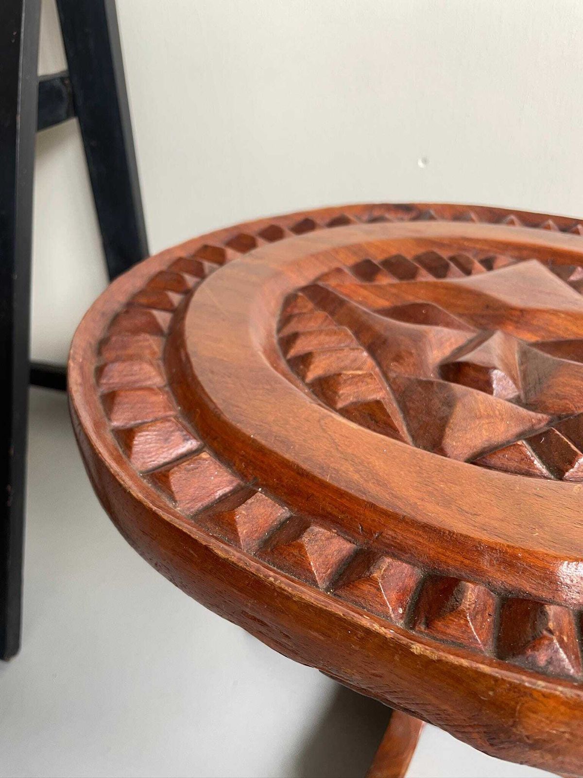 Small Round Wooden Rustic Outsider Side Or Coffee Table With Carved Top Resembling A Face photo for sale