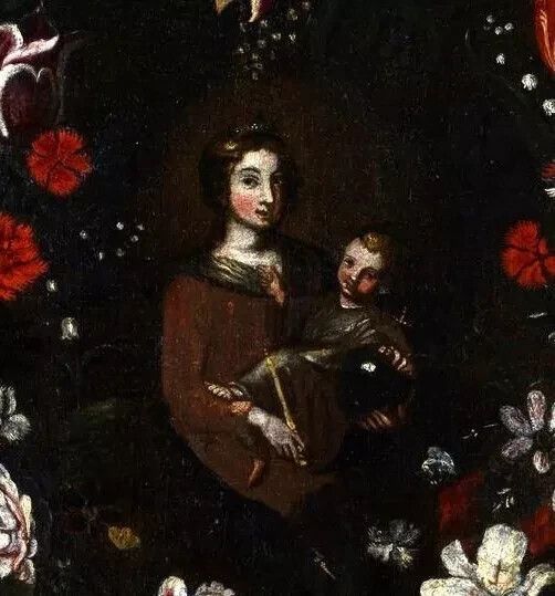 1851.0 Oil On Antique Canvas, Italian School, Madonna With Child On Garland Of Flowers photo