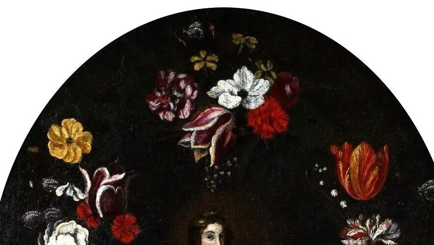 photo vinterior Oil On Antique Canvas, Italian School, Madonna With Child On Garland Of Flowers