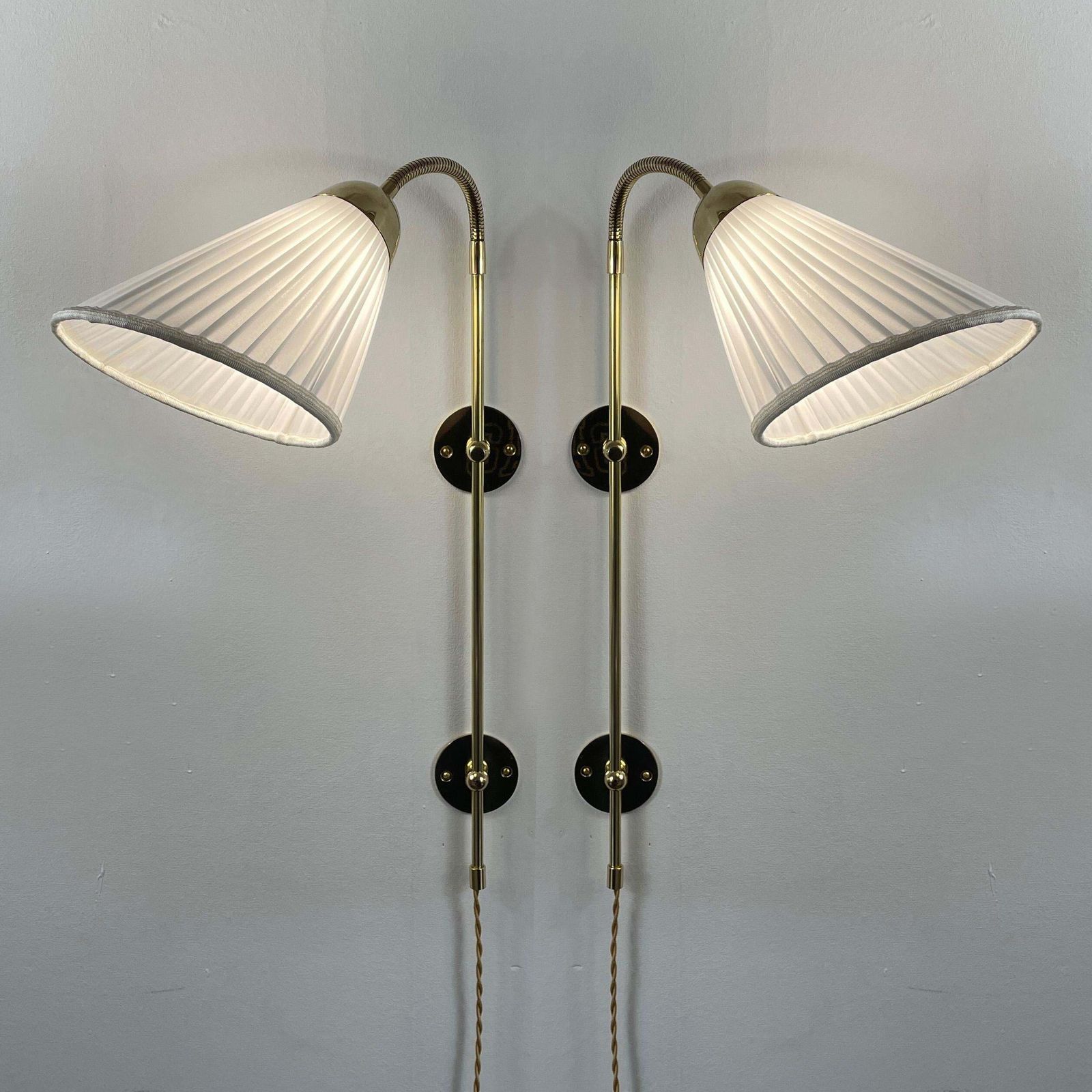 Adjustable Wall Lights Made Of Brass And Fabric, Sweden 1950s photo for sale