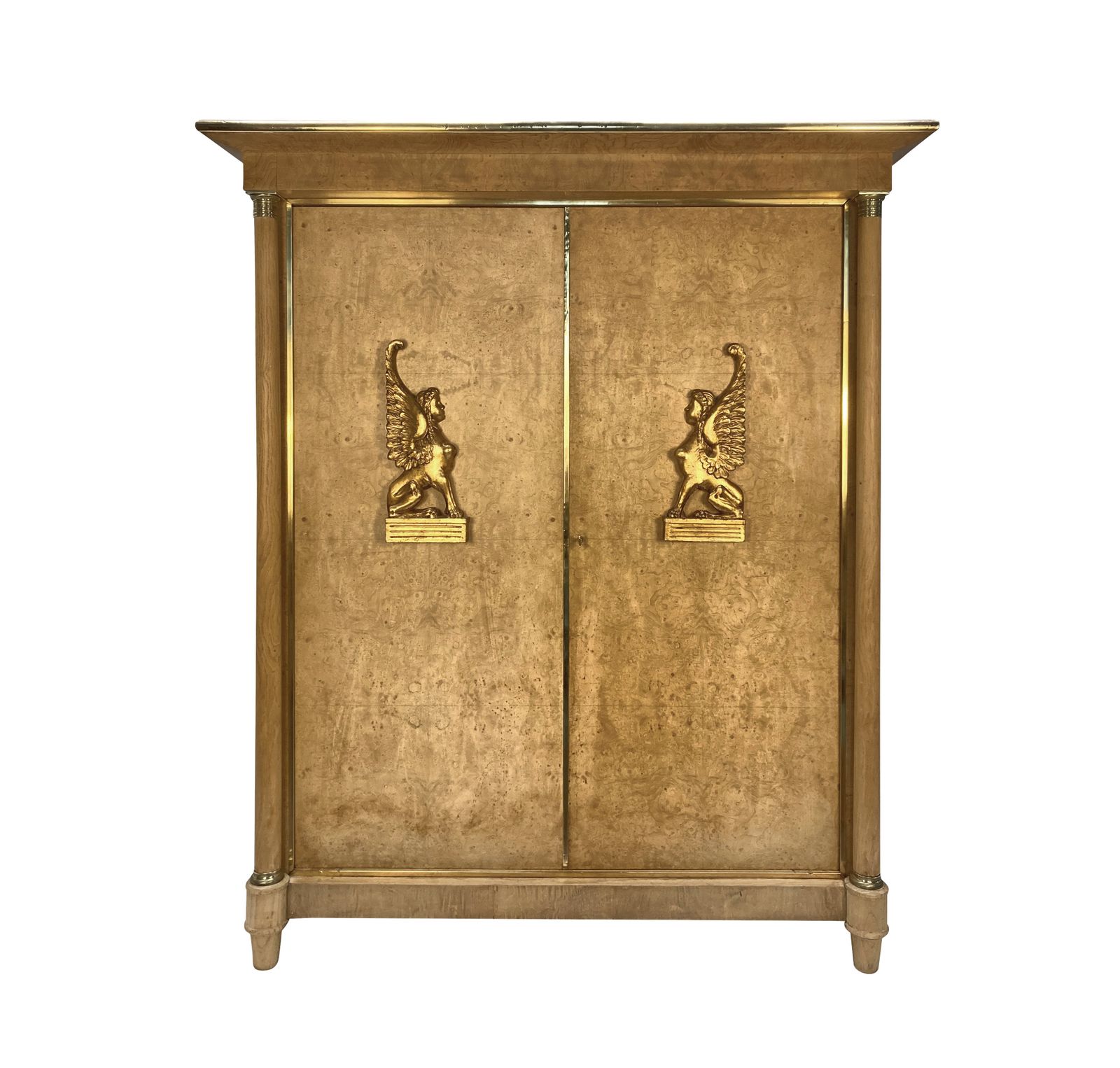 A Large Swedish Empire Revival Cupboard In Bleached Birds Eye Maple & Brass