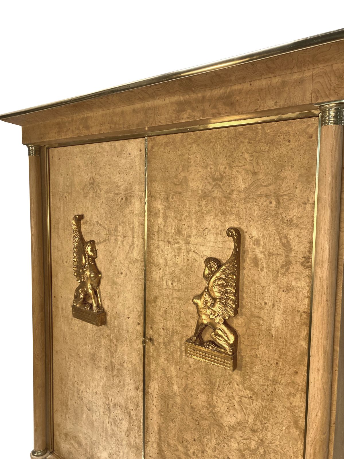 A Large Swedish Empire Revival Cupboard In Bleached Birds Eye Maple & Brass photo for sale