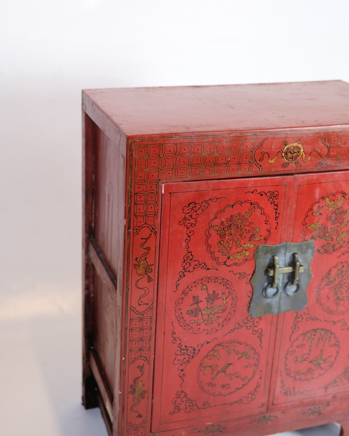 Antique Chinese Cabinet Original Painted In Red With Pattern & Brass Fittings From 1920s photo furniture