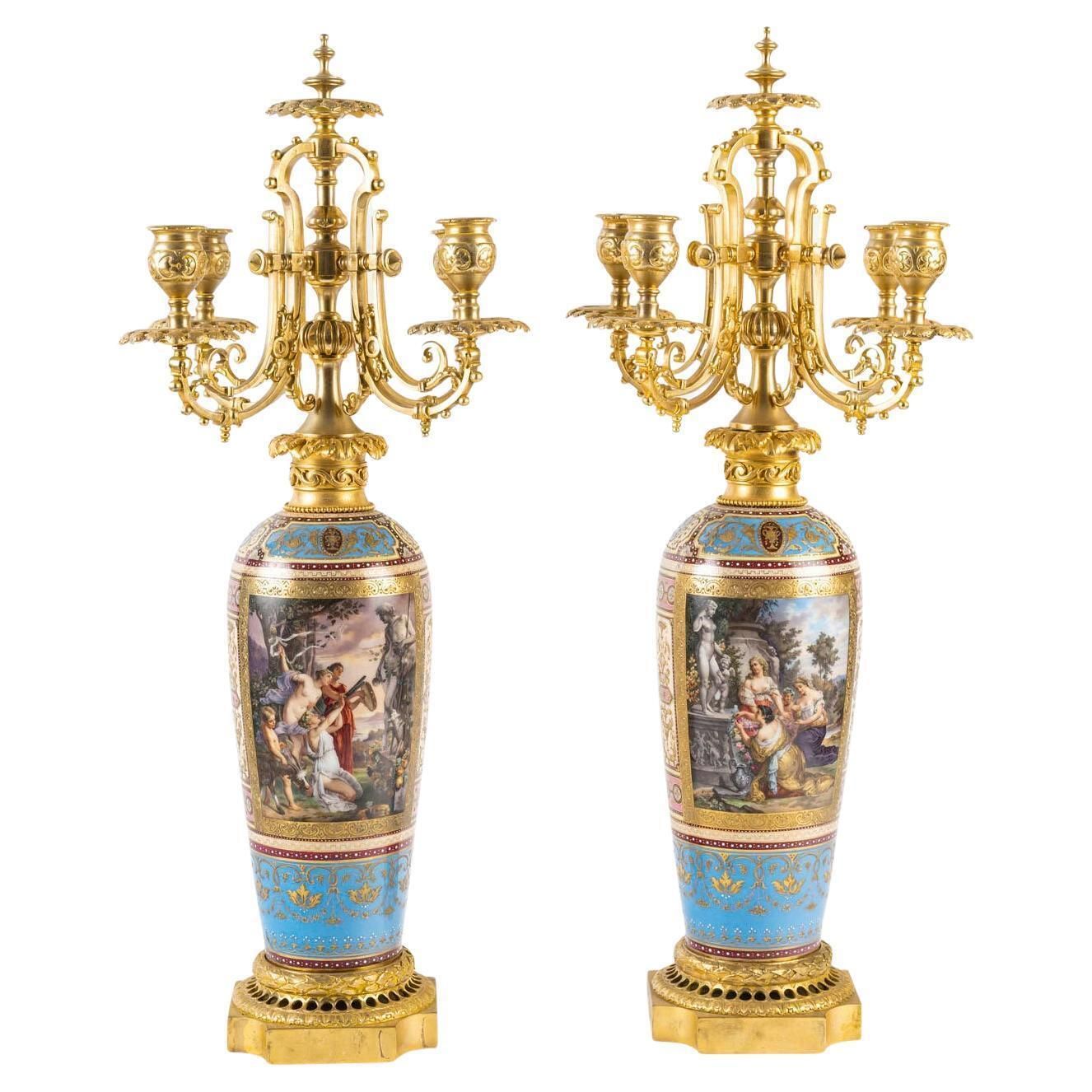 A Large Pair Of Vienna Porcelain And Gilt Bronze Candelabras, 19th Century.