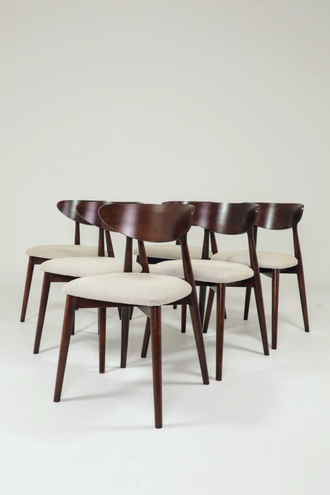 Dining Chairs Set Of 6 , Dark Walnut Herringbone Beige Upholstery, Natural Design photo furniture