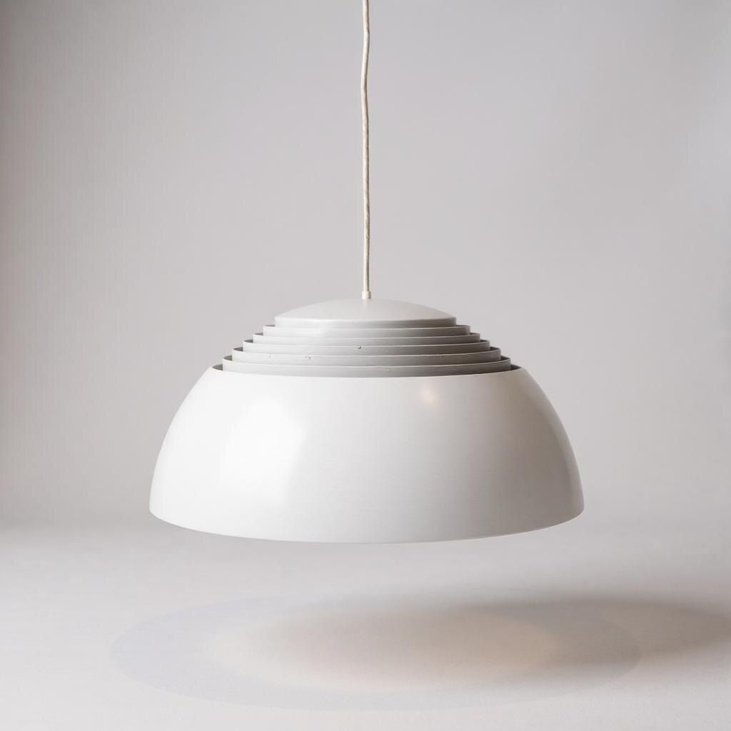 White Aj Royal Pendant In Aluminum & Steel  By Arne Jacobsen For Louis Poulsen From 1960s