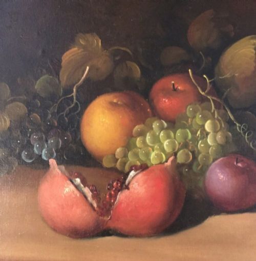 Oil Painting Fruit Still Life Portrait Of Grapes Apples Lemon Jug