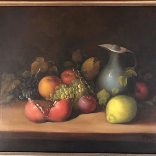 Oil Painting Fruit Still Life Portrait Of Grapes Apples Lemon Jug photo Art