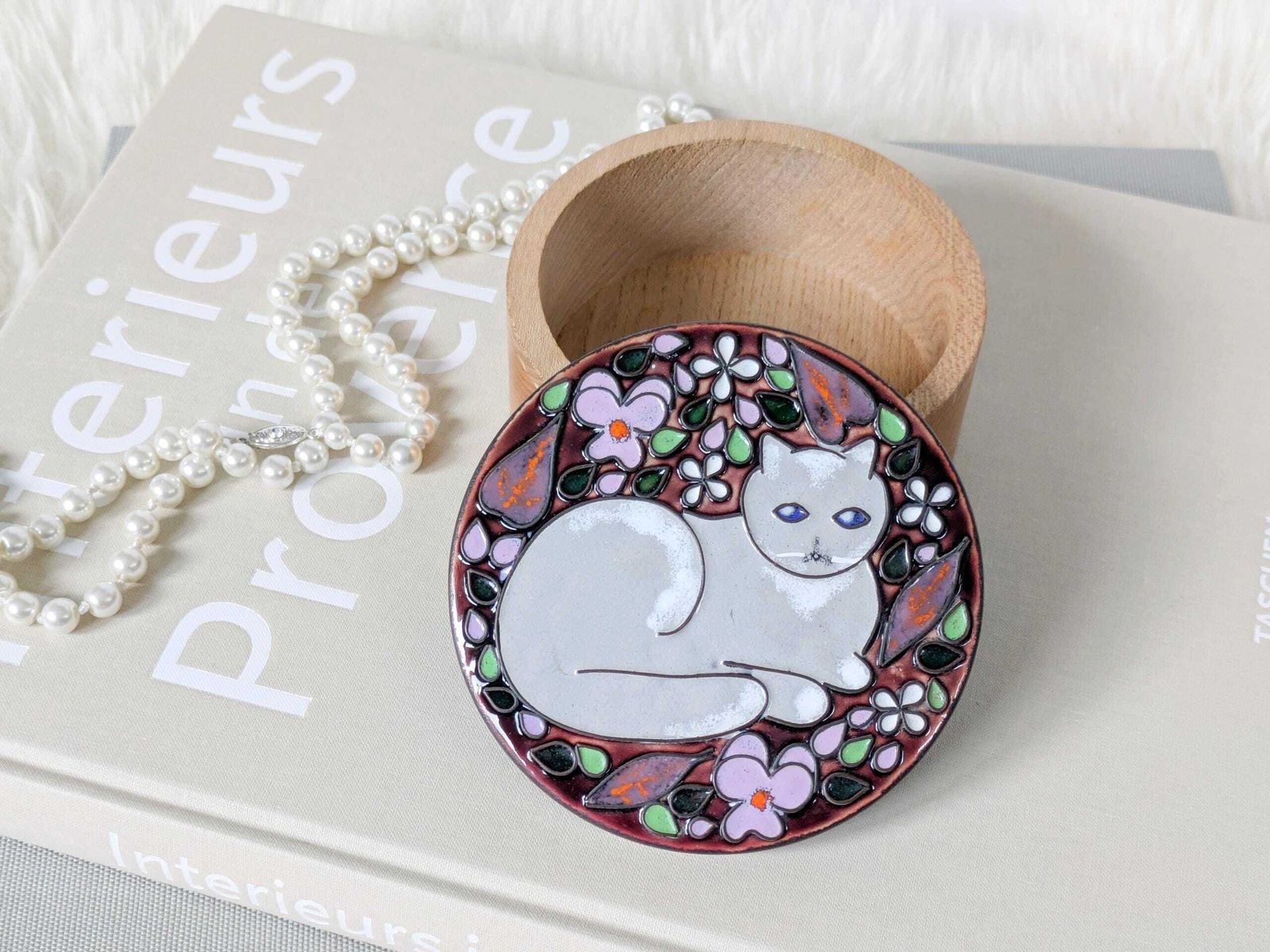 Midcentury Wooden Jewelry Box With Enamel Cat Lid, Enameled Copper, 1960s Gift Idea photo furniture