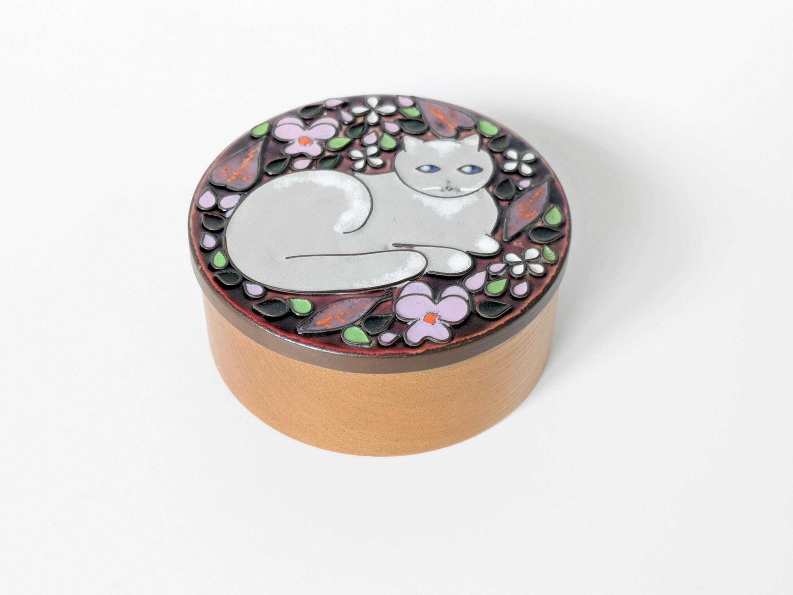 Midcentury Wooden Jewelry Box With Enamel Cat Lid, Enameled Copper, 1960s Gift Idea photo for sale