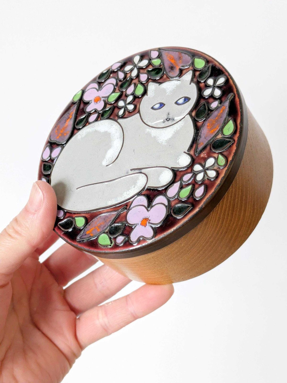 Midcentury Wooden Jewelry Box With Enamel Cat Lid, Enameled Copper, 1960s Gift Idea photo Home Decor