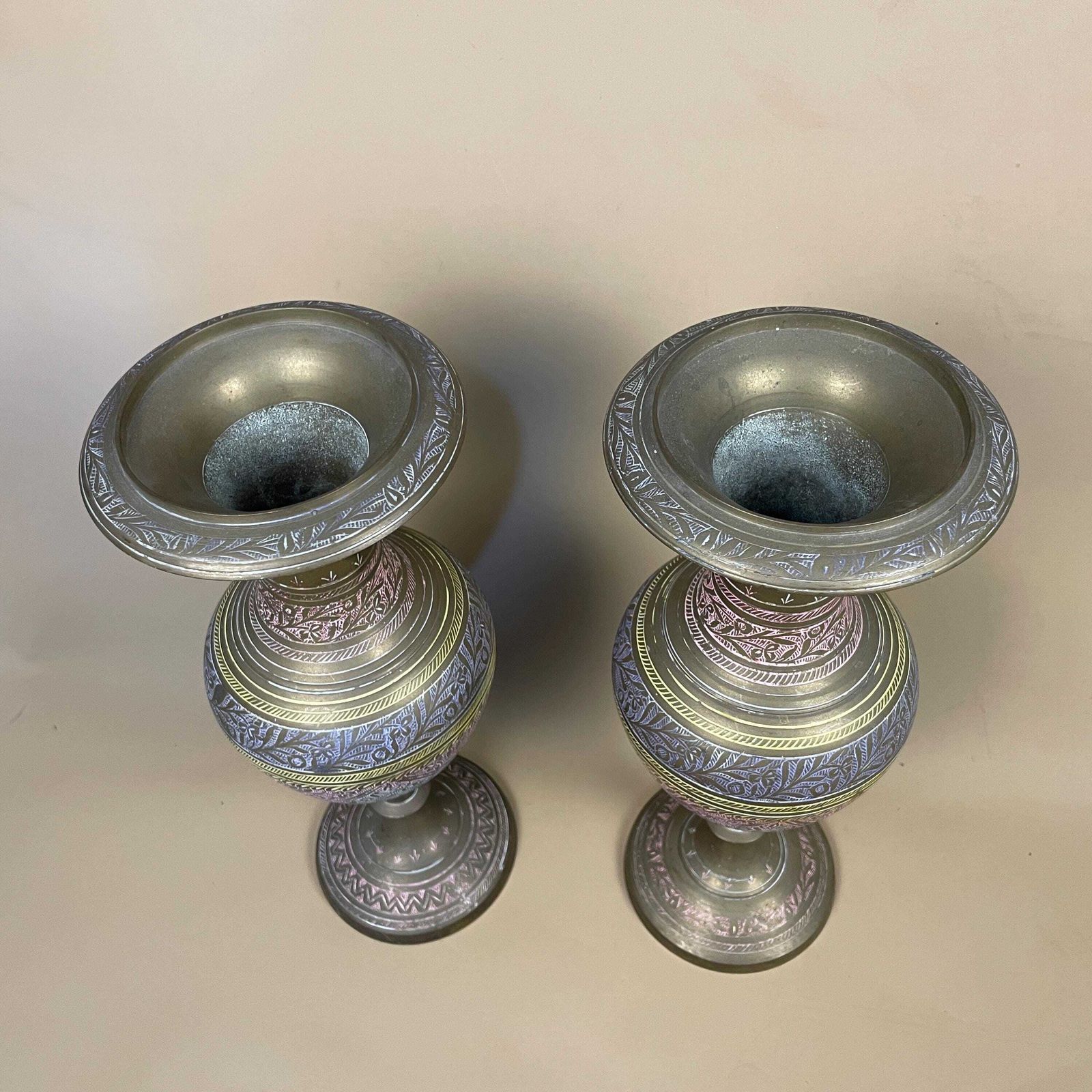Pair Of Antique Metal Gold Indian Patterned Brass Plant Pot Vase Jardiniere Handmade Engraved Etched Intricate Vintage Decorative Asian photo vinterior