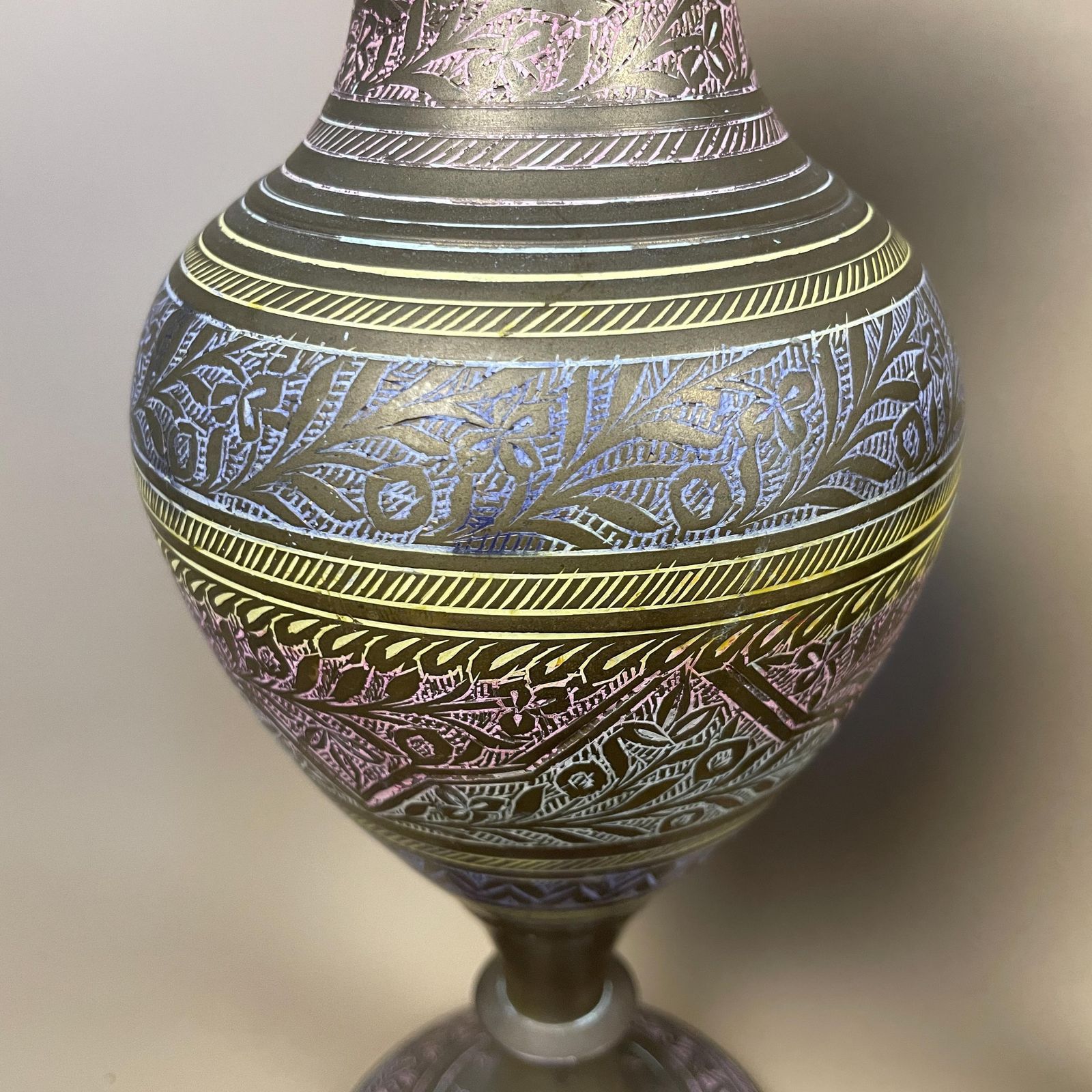 Pair Of Antique Metal Gold Indian Patterned Brass Plant Pot Vase Jardiniere Handmade Engraved Etched Intricate Vintage Decorative Asian photo vintage