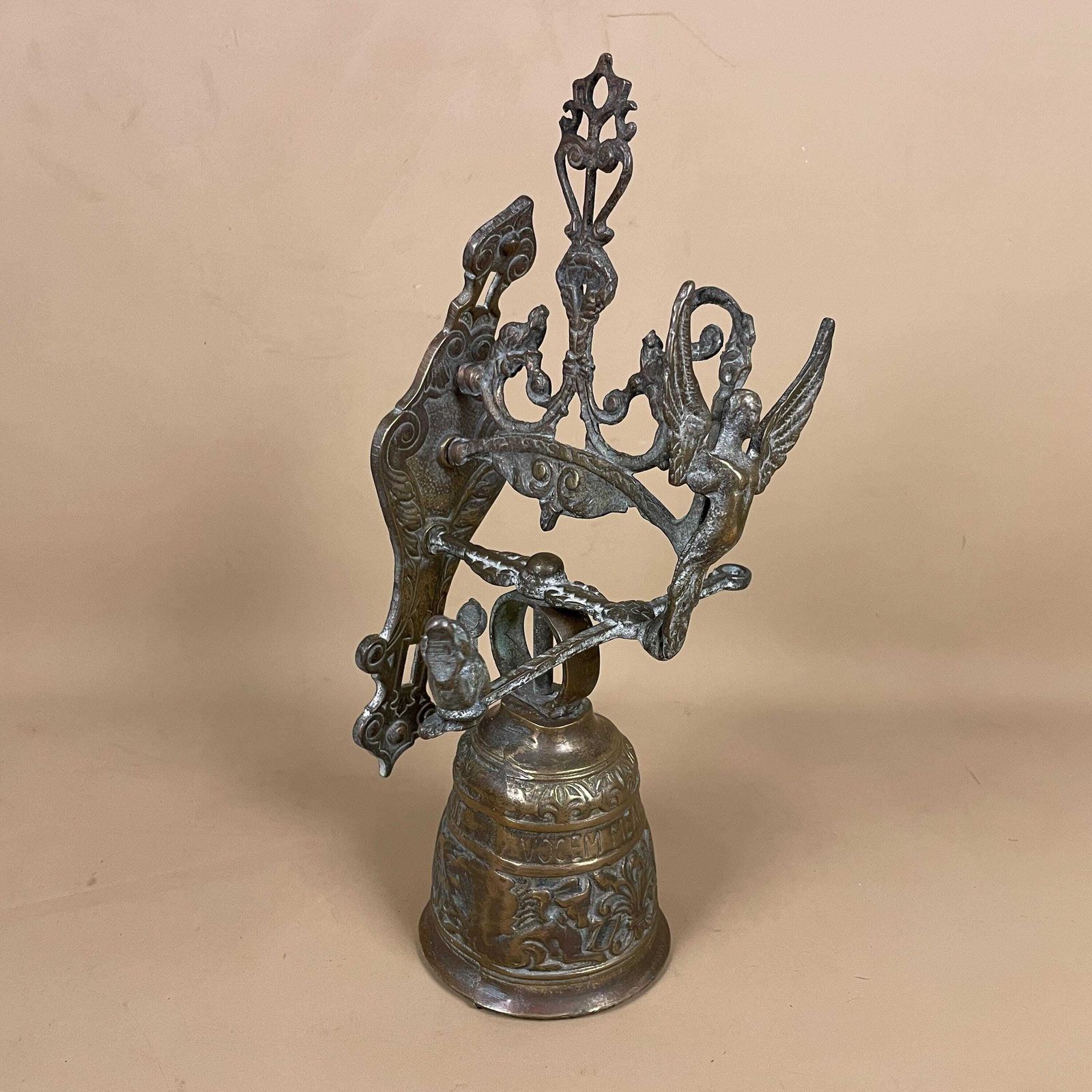 Antique Wall Mounted Metal Brass Gold Bell Ringer Vintage Bracket Door Monastery Brass Hanging Ornate Pattern Cottage Outdoor Aged Patina