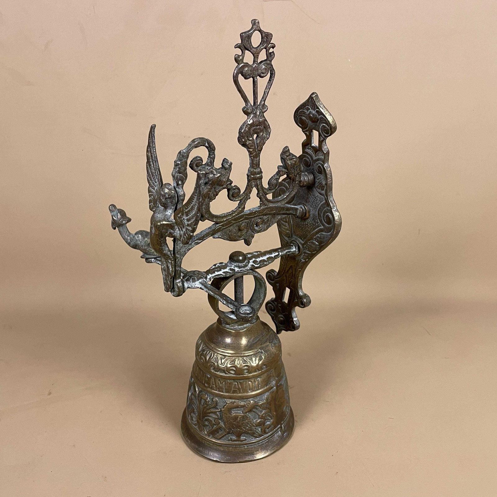 Antique Wall Mounted Metal Brass Gold Bell Ringer Vintage Bracket Door Monastery Brass Hanging Ornate Pattern Cottage Outdoor Aged Patina photo furniture