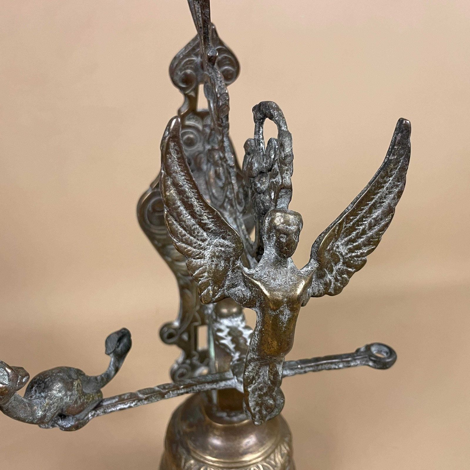 Antique Wall Mounted Metal Brass Gold Bell Ringer Vintage Bracket Door Monastery Brass Hanging Ornate Pattern Cottage Outdoor Aged Patina photo buy