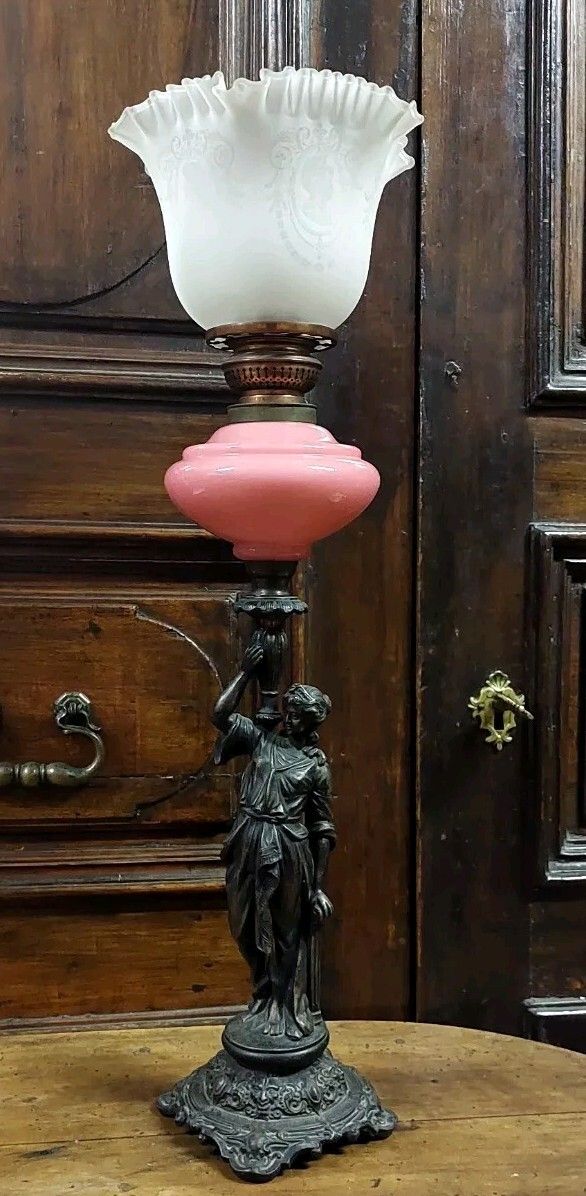 Antique Oil Light 19th Century Antimony Opalescent Glass Lamp photo Lighting