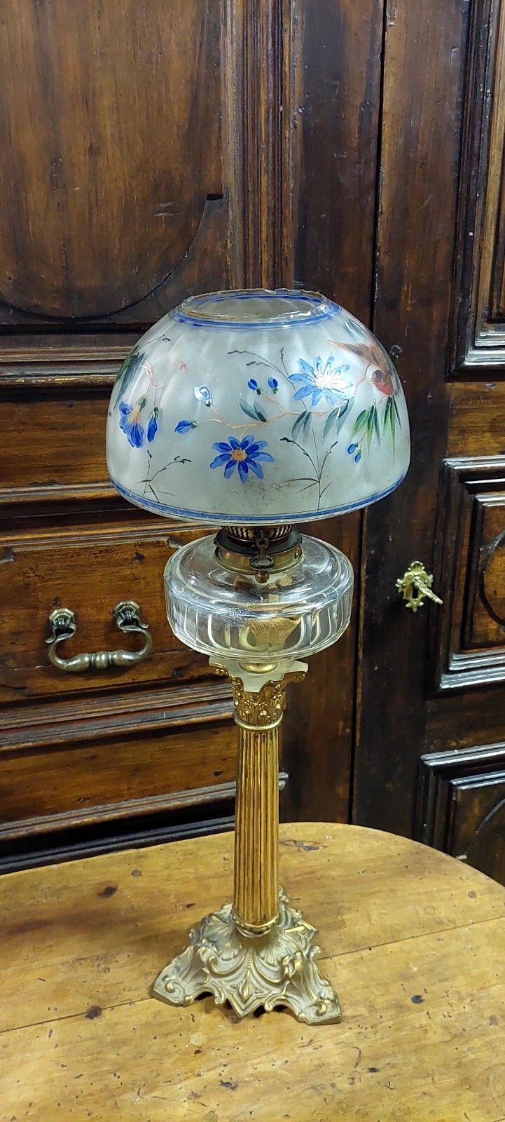 280.0 Antique Oil Light Gilded Bronze Painted Glass 19th Century Original photo