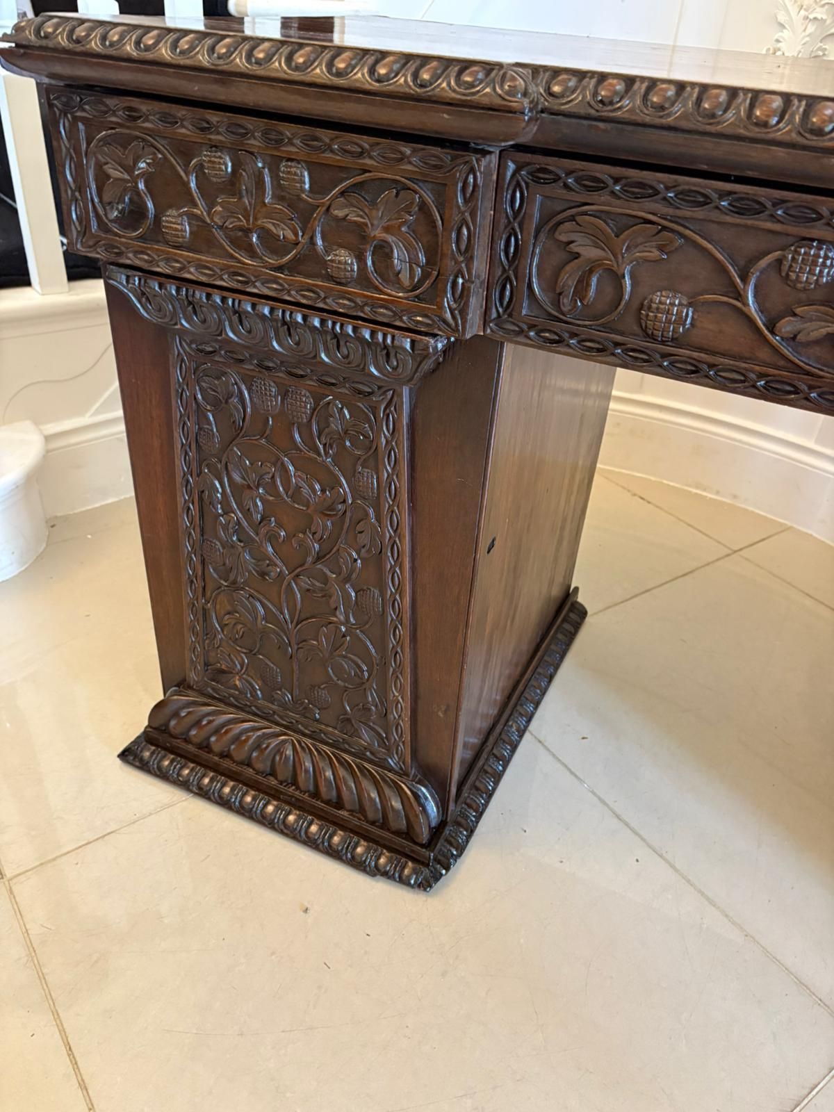 photo furniture Antique Ornate Small Carved Anglo Indian Padauk Inverted Breakfront Pedestal Sideboard