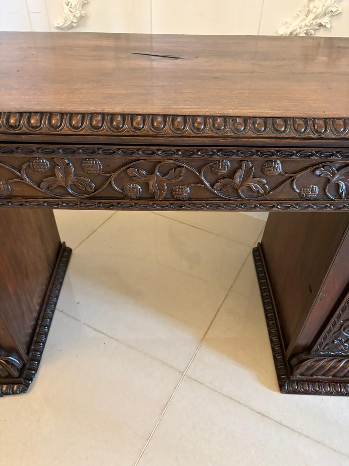 Furniture Antique Ornate Small Carved Anglo Indian Padauk Inverted Breakfront Pedestal Sideboard photo