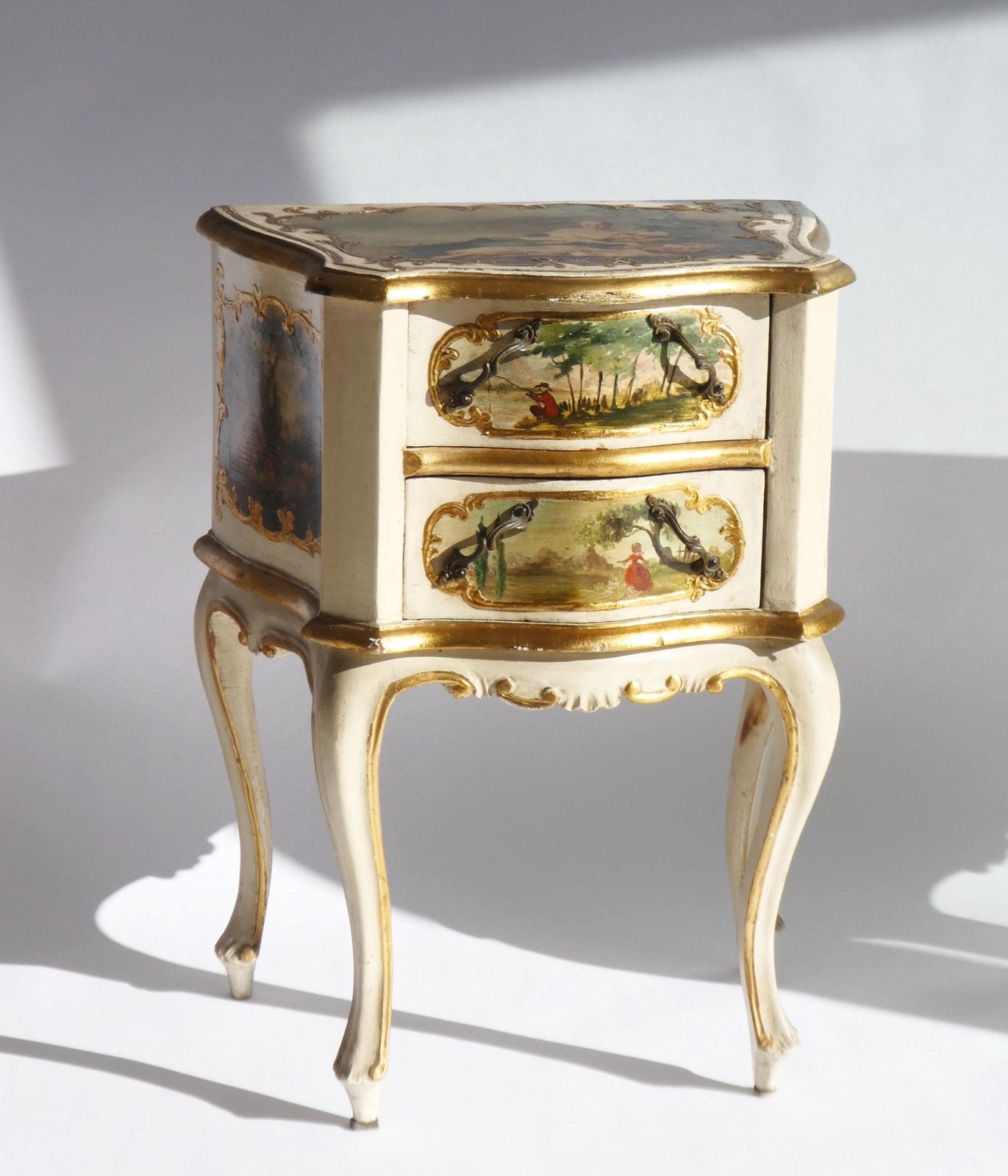 Vintage Set Baroque Nightstands With Romantic Scenes, Italian Wooden Bedside Tables, Beige And Golden Florentine Side Tables photo furniture