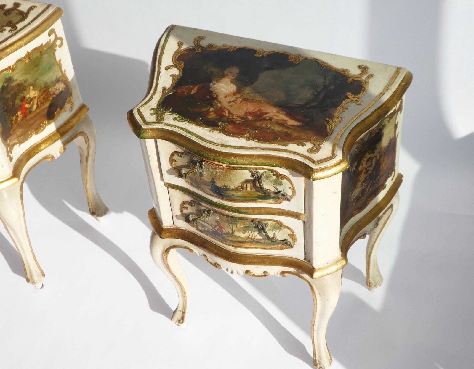 Vintage Set Baroque Nightstands With Romantic Scenes, Italian Wooden Bedside Tables, Beige And Golden Florentine Side Tables photo buy