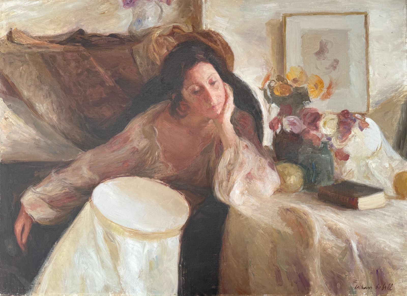 Beltran Bofill Reclining Woman With Flowers Oil On Canvas Painting