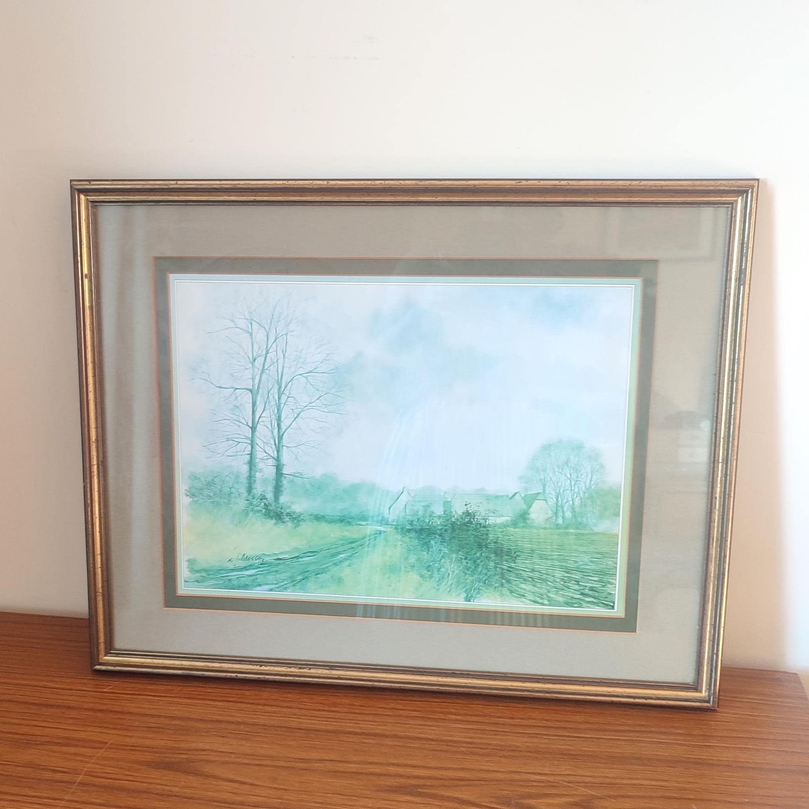 Vintage Signed Framed Wall Watercolour Art Print   Ken I Messer   Country Landscape W/ Farmhouse Buildings   Soft Green & Blue Nature Scene